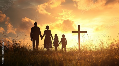 Silhouette, family and Christian cross for praying, religion and funeral social gathering