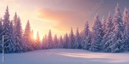 Wallpaper Mural Breathtaking panorama background of snowy frozen fir trees creates a winter wonderland. This stunning snowy landscape features a magical sunset with a glowing sky in the evening, perfect for winter Torontodigital.ca
