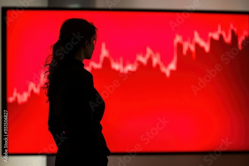 A Mysterious Woman Silhouetted in Front of a Large Screen Displaying a Dramatic Red Stock Market Decline Under Low Key Lighting