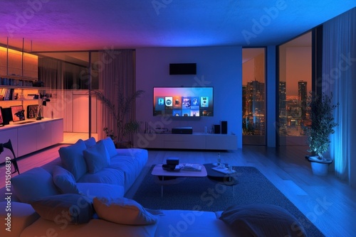 Smart home living room showcase multidevice control setup in urban environment with modern aesthetics and dynamic lighting photo