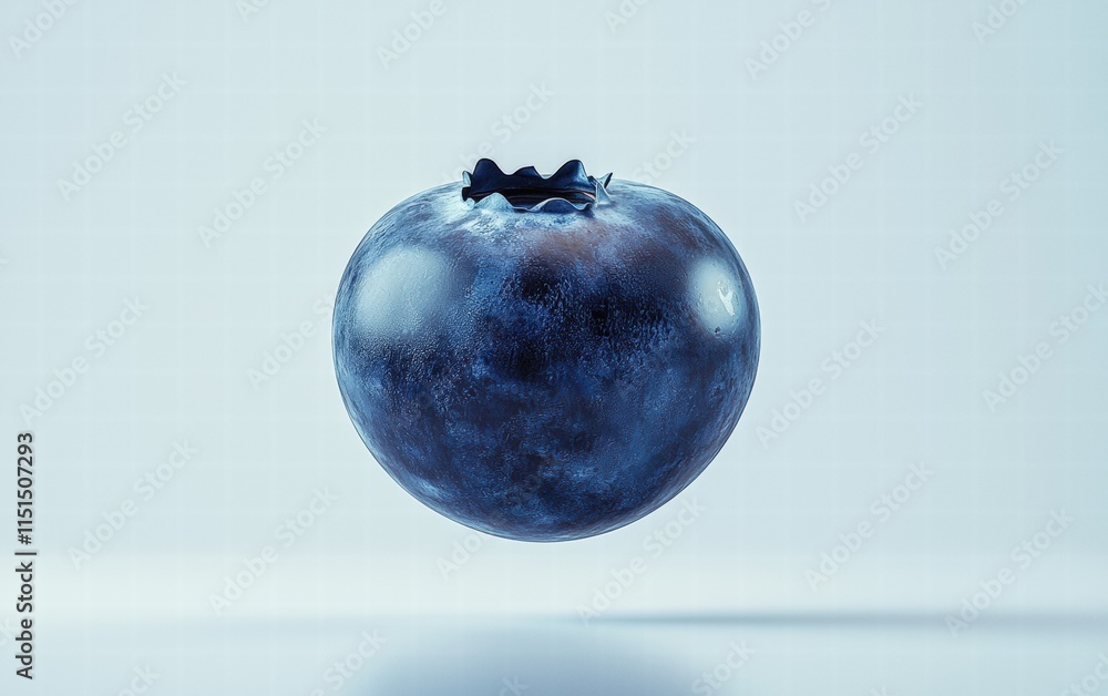 A vibrant blueberry with a soft reflection, floating mid-air, on a neutral white background