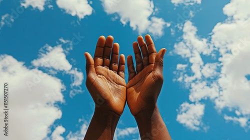 Black person, prayer hands and clouds or heaven for Christianity support or Jesus faith, praise or forgiveness. Religion, grace and holy spirit for God worship with lord belief, blue sky or guidance
