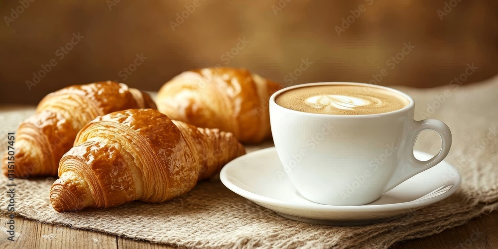 A coffee cup placed next to croissants sits elegantly on the table, showcasing a delightful breakfast spread of coffee and croissants. A coffee cup placed next to croissants sits elegantly on the table, showcasing a delightful breakfast spread of coffee and croissants.