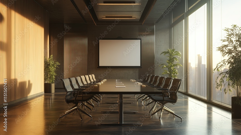 An empty meeting room with a long table, chairs, and a projector screen. An empty meeting room with a long table, chairs, and a projector screen.