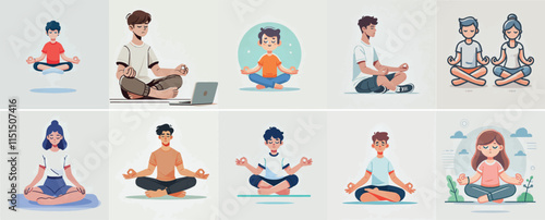 vector set of a teenager doing Yoga or Meditation with a simple flat design style