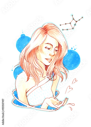 Illustration of feminine representation of Virgo Constellation. Beautiful girl in blue ethereal fantasy portrait