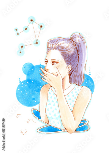 Drawing of a woman presenting horoscope astrological zodiac sign Libra. Female magic collection with marker technique