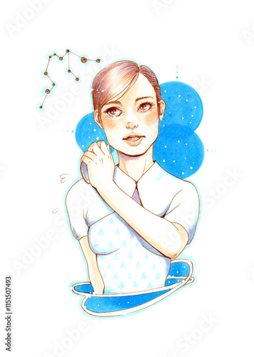 Drawing of a woman presenting horoscope astrological zodiac sign Aquarius. Female magic collection with marker technique