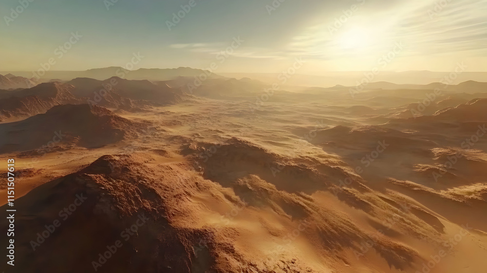 Fototapeta premium Majestic Desert Landscape at Sunset: An Aerial View of Rocky Mountains and Sand Dunes