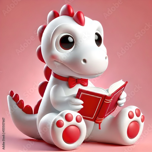 A white cartoon dinosaur with large eyes and a red bow tie, holding a red book and sitting on a pink background, kids toy, 3d dinosaur cartoon, kids cartoon, animal cartoon