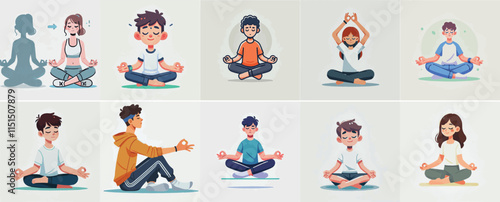 vector set of a teenager doing Yoga or Meditation with a simple flat design style