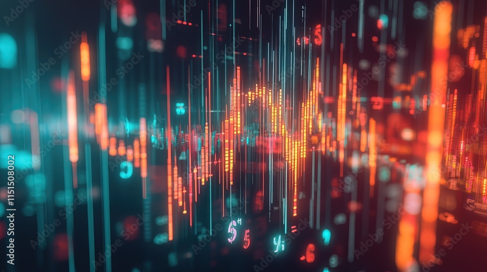 Fototapeta premium A stylized representation of financial growth with upward stock charts and glowing currency symbols.