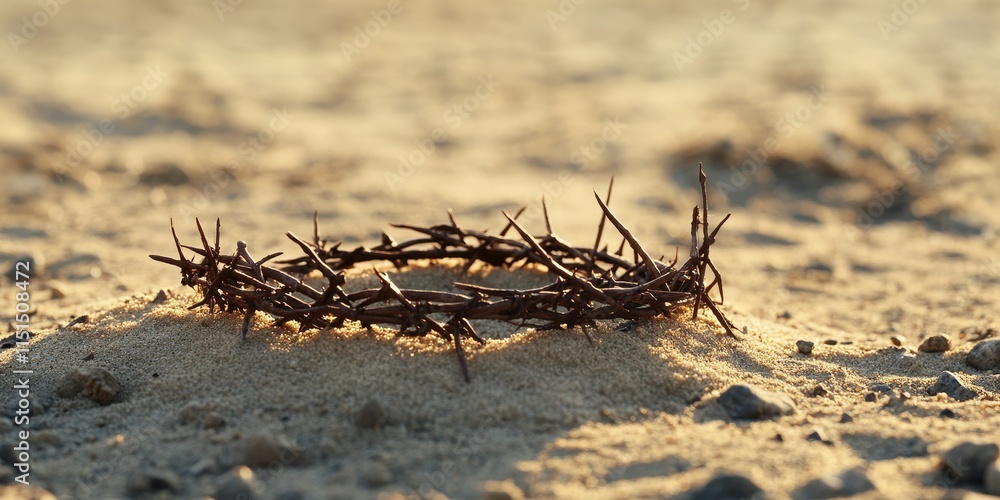 Crown of Thorns resting on stony sand symbolizes the crucifixion and Easter, providing a powerful visual representation. This Crown of Thorns evokes deep reflections during the Easter season. Crown of Thorns resting on stony sand symbolizes the crucifixion and Easter, providing a powerful visual representation. This Crown of Thorns evokes deep reflections during the Easter season.