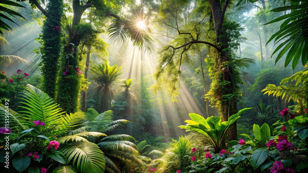 Obraz premium Lush Tropical Rainforest with Sunbeams Piercing Through Canopy