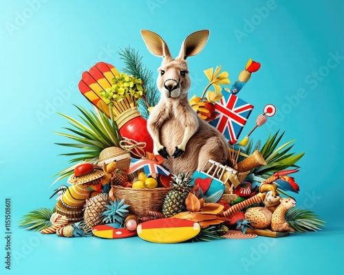 A whimsical kangaroo surrounded by colorful fruits and playful props, creating a vibrant and festive atmosphere. photo