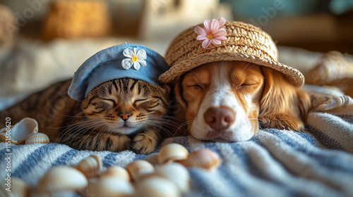 A beagle dog and a striped cat wearing cool hats are happily relaxing.