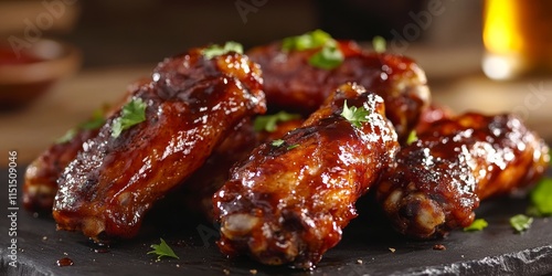 Spicy BBQ chicken wings offer a tantalizing flavor experience with perfectly grilled meat. Indulge in delicious BBQ chicken wings that are irresistibly spicy and satisfyingly juicy. photo