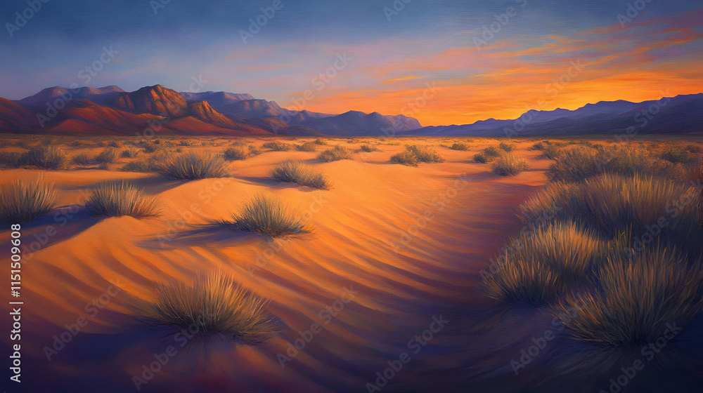 Naklejka premium Majestic Desert Sunset: Vibrant Colors and Serene Landscape