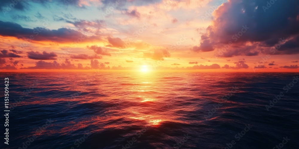 Fototapeta premium Ocean sunset casting vibrant colors over the horizon, showcasing the beauty of the ocean as the sun sets towards the land, creating a picturesque view of the ocean at dusk.