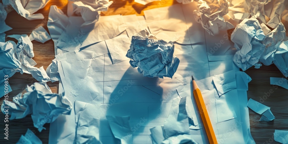 Obraz premium Crumpled papers scattered on a desk alongside a pencil create a dynamic workspace. This scene featuring crumpled papers and a pencil evokes creativity and brainstorming moments.
