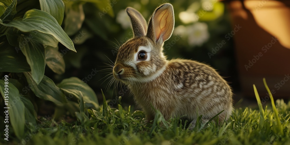 Obraz premium A little brown rabbit enjoying grass in a farm courtyard, showcasing the adorable bunny s playful nature while nibbling on fresh greenery in a serene outdoor setting.