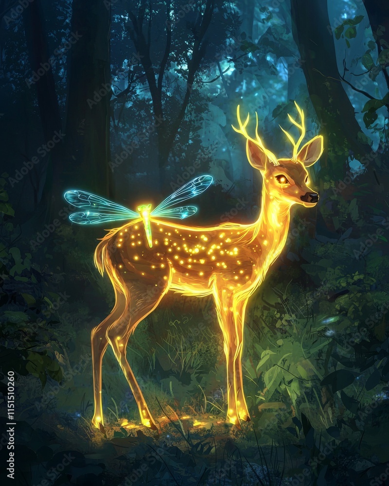 Fototapeta premium Enchanting Hybrid of Deer and Firefly in Mystical Forest