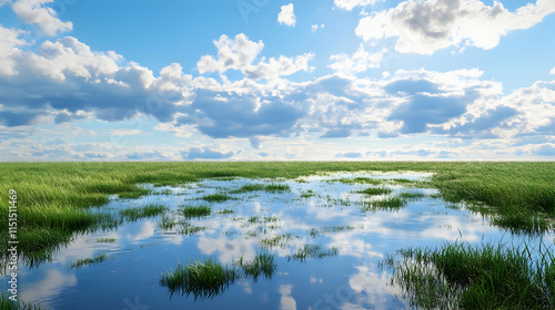 Stunning landscape of a flooded meadow reflecting the blue sky and fluffy clouds photo