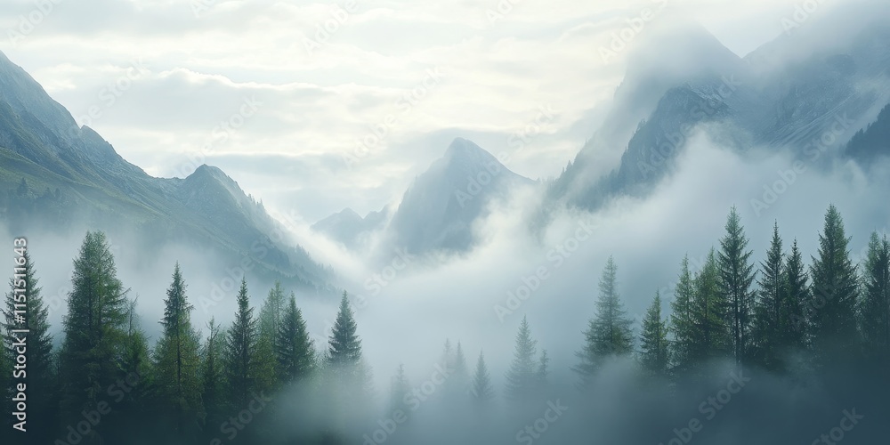 Obraz premium Misty fog envelops the mountains, creating a mystical ambiance on a foggy morning in the mountains. Experience the enchanting beauty of a serene and foggy morning in nature s wonders.