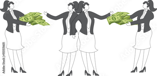 Paying double wages or giving double money, greed and lust, double work for double wages, one businesswoman splitting into two and claiming both