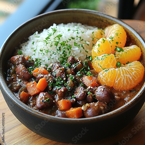 A Brazilian feijoada with rice, oranges, and a sprinkle of parsley photo