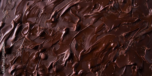 Top view of a slab of melted chocolate, featuring a smooth surface of dark chocolate, showcasing the rich texture and depth of the chocolate bar.