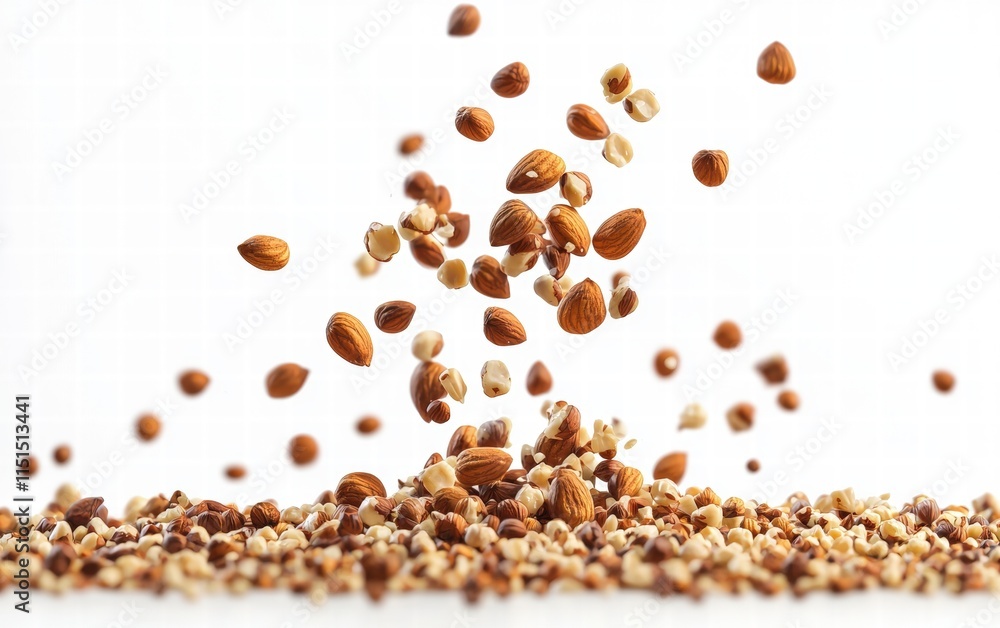 A small pile of almonds and hazelnuts floating mid-air dynamically, isolated on a bright white background A small pile of almonds and hazelnuts floating mid-air dynamically, isolated on a bright white background