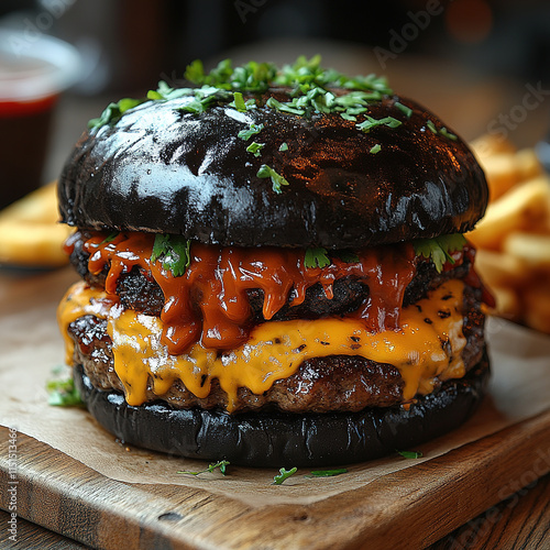 A burger with black buns and glowing cheese inside photo