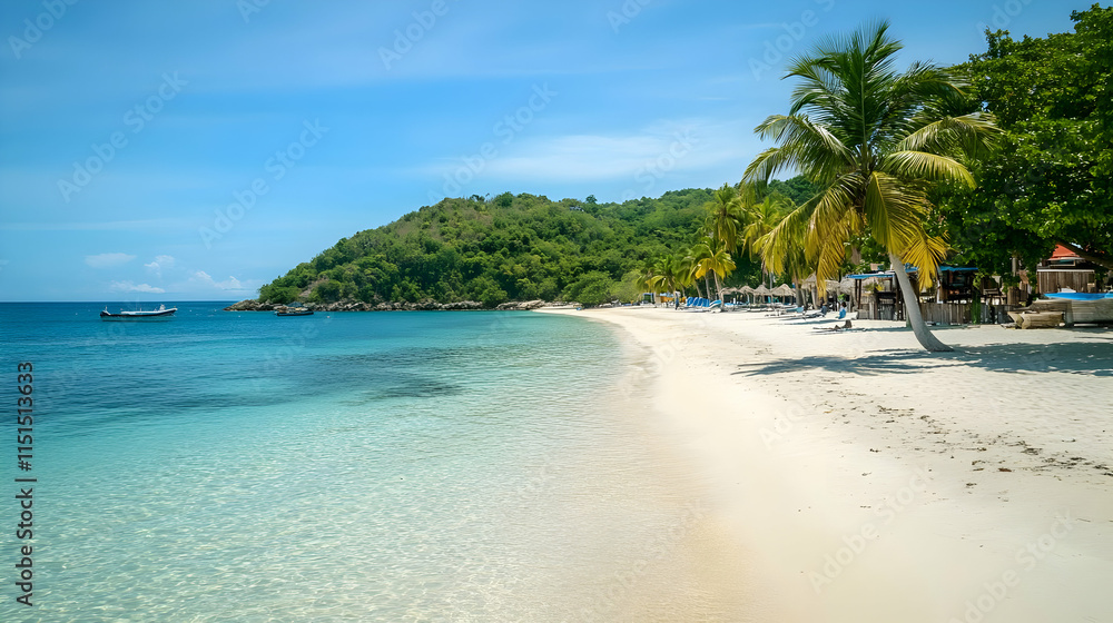 Serene Tropical Beach Paradise: White Sand, Crystal Clear Waters, and Lush Palm Trees Serene Tropical Beach Paradise: White Sand, Crystal Clear Waters, and Lush Palm Trees