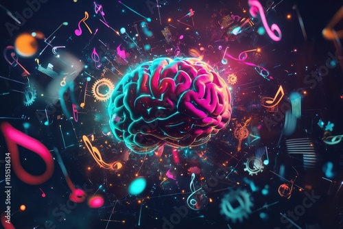 Vibrant Creative Concept of a Glowing Brain with Musical Elements