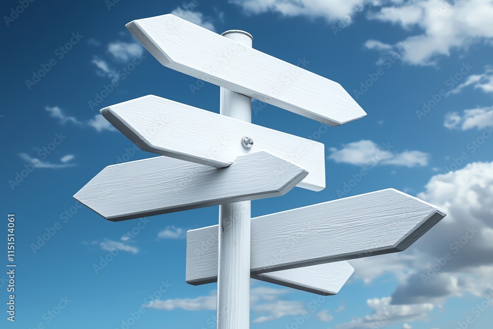 A blank directional signpost stands under a clear blue sky with scattered clouds, symbolizing choices and directions in travel and decision making. A blank directional signpost stands under a clear blue sky with scattered clouds, symbolizing choices and directions in travel and decision making.