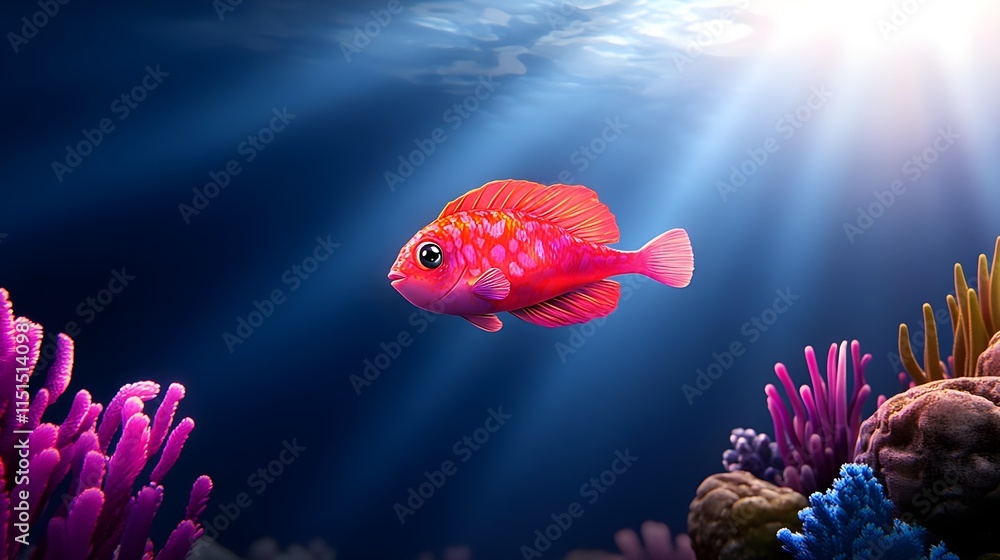 Obraz premium Vibrant Pink Fish Swimming Gracefully Among Colorful Coral in an Underwater Scene with Sunlight Streaming Through the Ocean Water