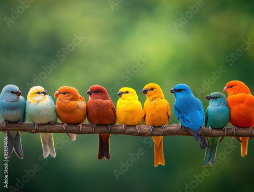 A Colorful Chorus: A Lively Gathering of Birds on a Branch, Showcasing Their Glimmering Feathers and Playful Interactions Amidst Lush Greenery photo