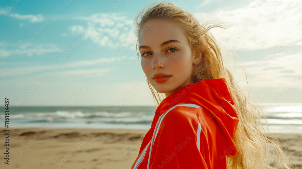 Young woman with long hair wearing a cap enjoys a sunny day at the beach with gentle waves in the background Young woman with long hair wearing a cap enjoys a sunny day at the beach with gentle waves in the background