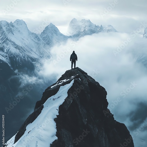 A lone figure stands atop a snowy mountain peak, surrounded by misty clouds and rugged alpine scenery, capturing a moment of solitude in the wild landscape. photo