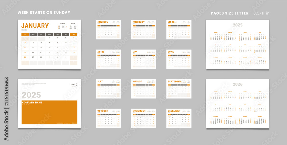 Set of 2025 Pages Monthly Calendar Planner Templates, Cover with Place for Photo, Company Logo, Annual 2025-2026. Calendar Vector pages size Letter-8.5x11in with 2 weekend for print Week start Sunday Set of 2025 Pages Monthly Calendar Planner Templates, Cover with Place for Photo, Company Logo, Annual 2025-2026. Calendar Vector pages size Letter-8.5x11in with 2 weekend for print Week start Sunday