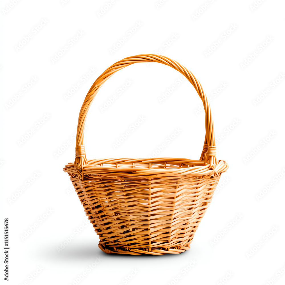 A beautiful, empty wicker basket with a sturdy handle on a white isolated background. A beautiful, empty wicker basket with a sturdy handle on a white isolated background.