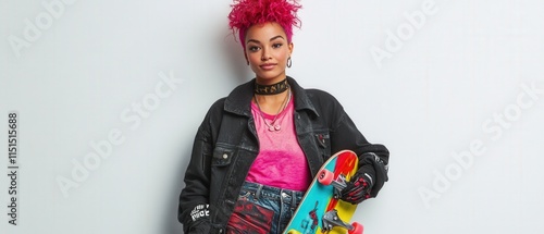 person with pink hair holding a skateboard photo