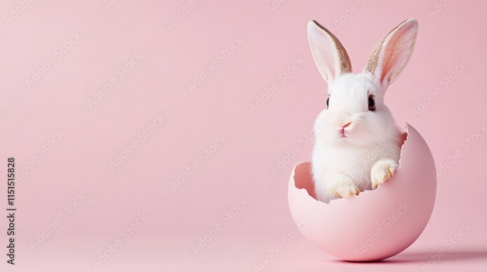 Fototapeta premium Cute White Rabbit Emerging from Pink Egg on Soft Pink Background