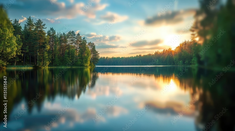 Obraz premium Serene lake at sunset with reflections and lush greenery