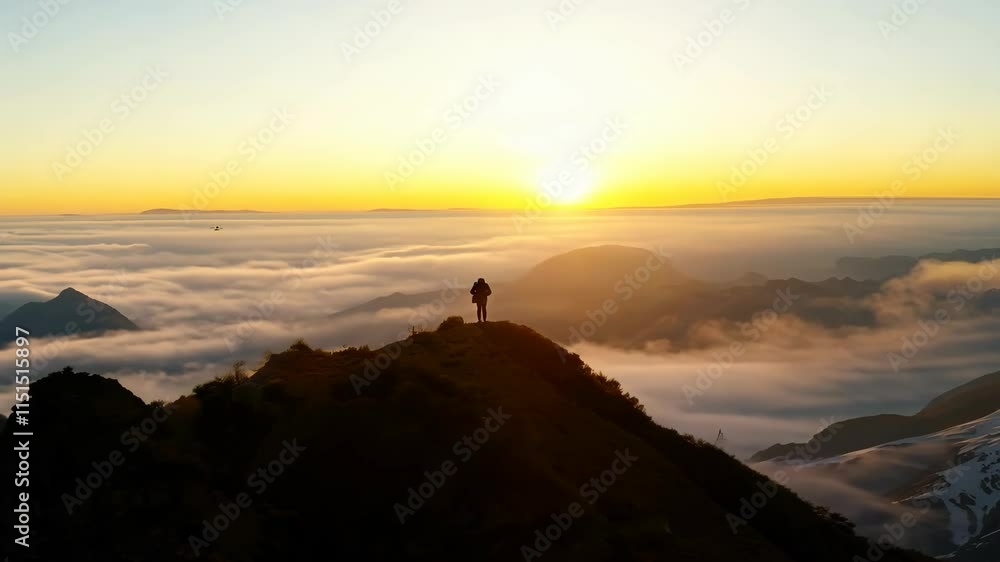 A serene view of sunrise over mountain peaks covered with clouds, casting a golden glow across the landscape. 4k Video footage. A serene view of sunrise over mountain peaks covered with clouds, casting a golden glow across the landscape. 4k Video footage.