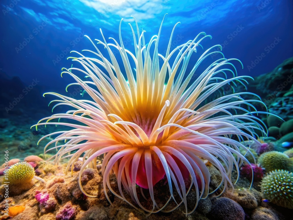 High-resolution side view: Cerianthus membranaceus, a breathtaking tube anemone. High-resolution side view: Cerianthus membranaceus, a breathtaking tube anemone.