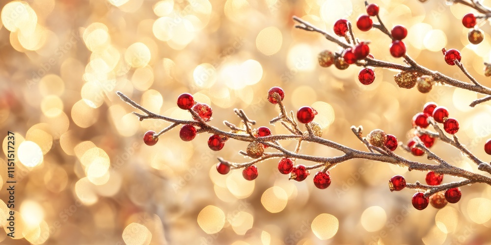 Christmas branch set against a backdrop of enchanting defocused golden lights, creating a festive and warm atmosphere perfect for holiday themed imagery focused on Christmas branch details. Christmas branch set against a backdrop of enchanting defocused golden lights, creating a festive and warm atmosphere perfect for holiday themed imagery focused on Christmas branch details.