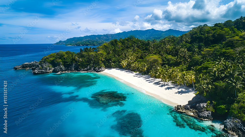 Fototapeta premium Tropical Island Paradise: White Sand Beach and Crystal-Clear Ocean