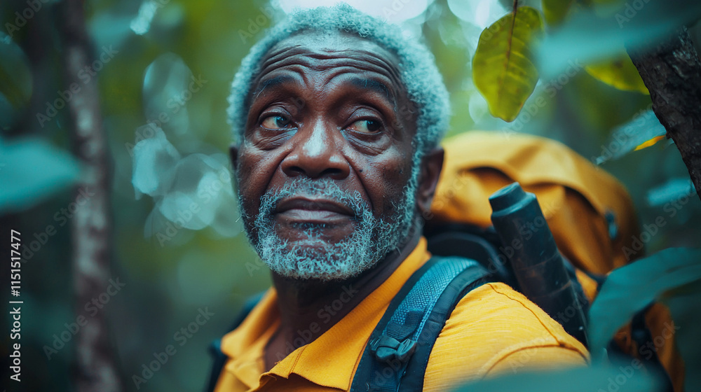 Senior man enjoys a hiking adventure through a lush green forest during a bright sunny day Senior man enjoys a hiking adventure through a lush green forest during a bright sunny day